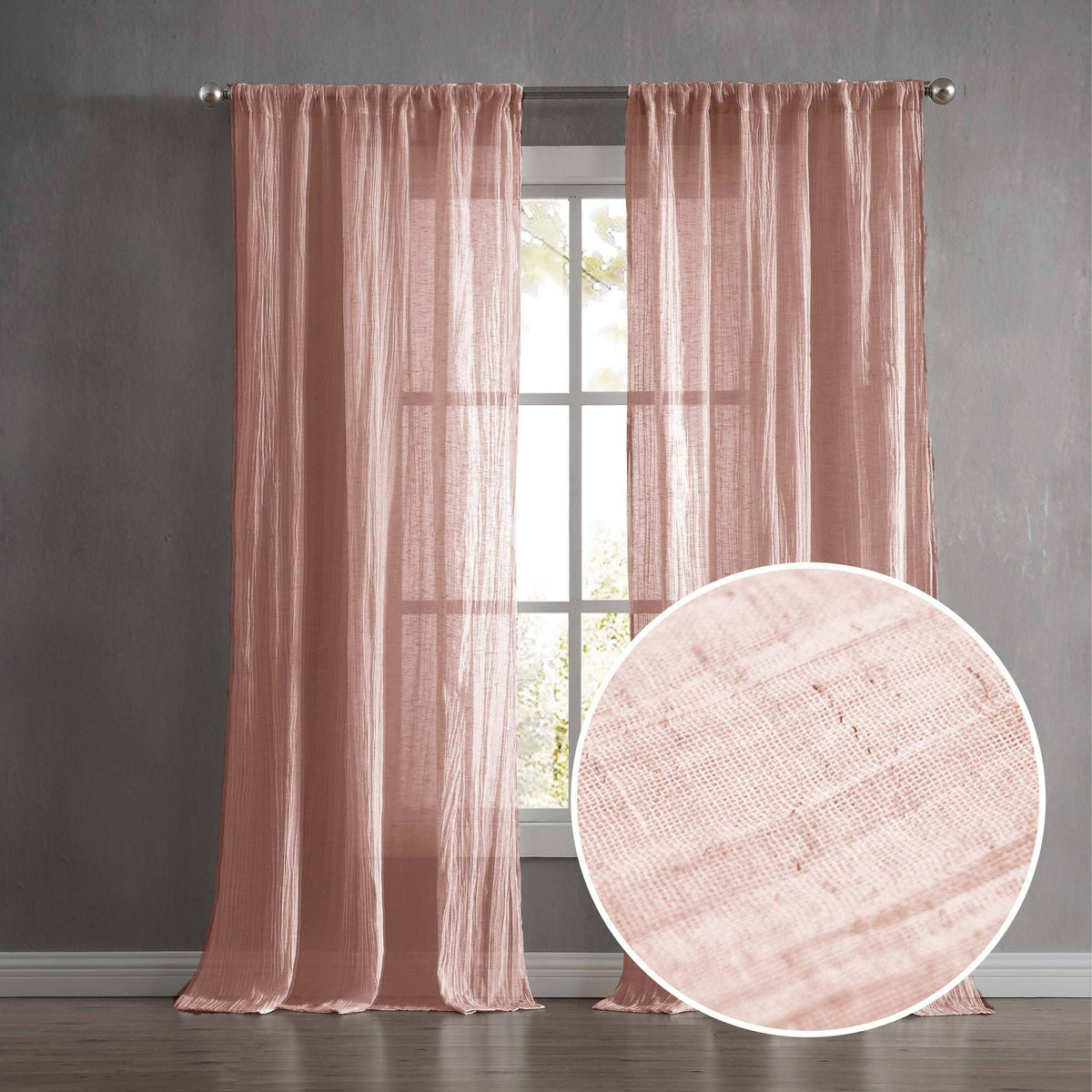 French Connection Charter Crushed Semi-Sheer Rod Pocket Window Curtain Pair, 96" x 50" - Dusty Pink